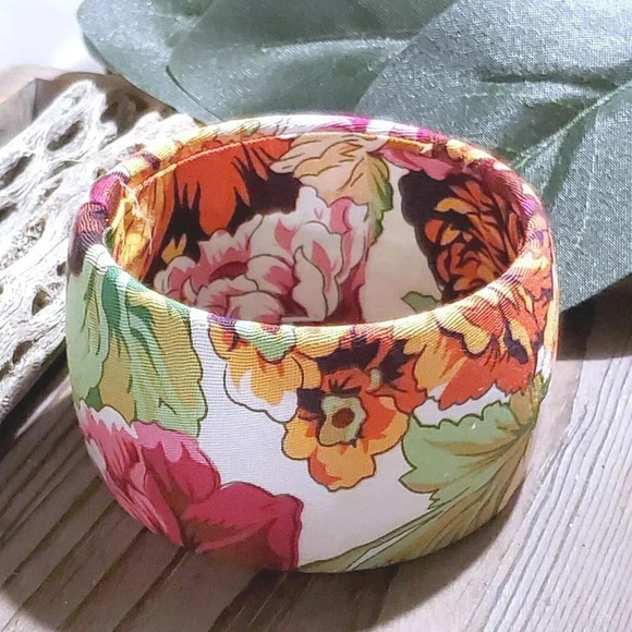 Vintage Y2K Flowers Organic Cotton Fabric Covered Wide Bangle Bracelet - Picture 2 of 8